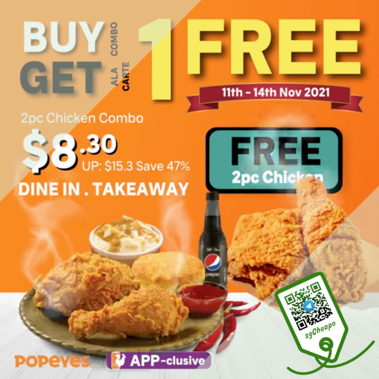 Popeyes - 1 FOR 1 2pc Chicken Combo - sgCheapo