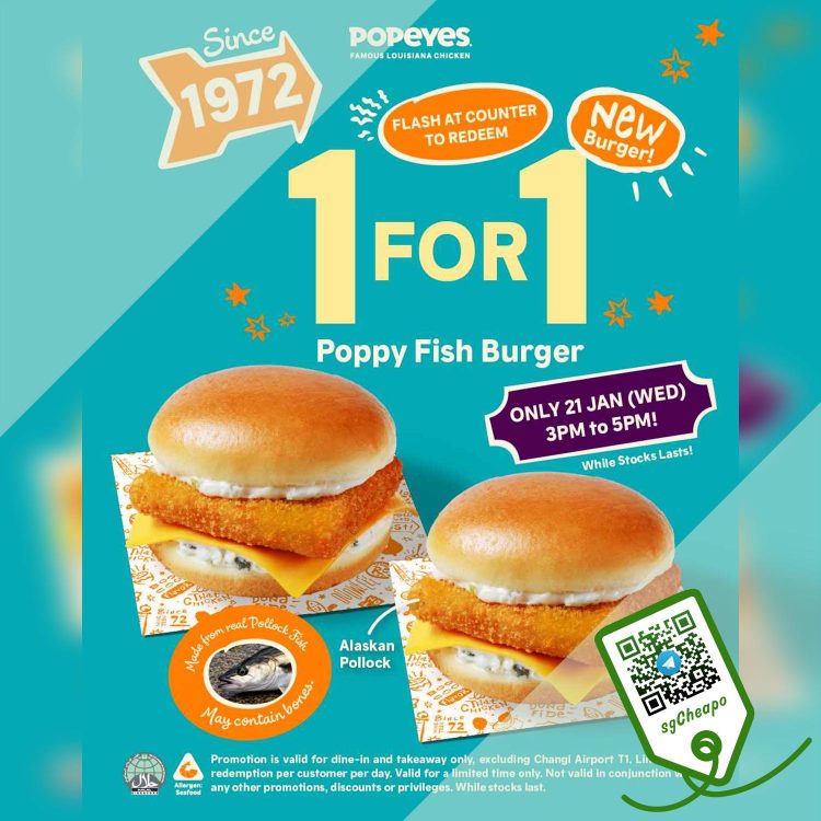Popeyes - 1-FOR-1 Poppy Fish Burger- sgCheapo