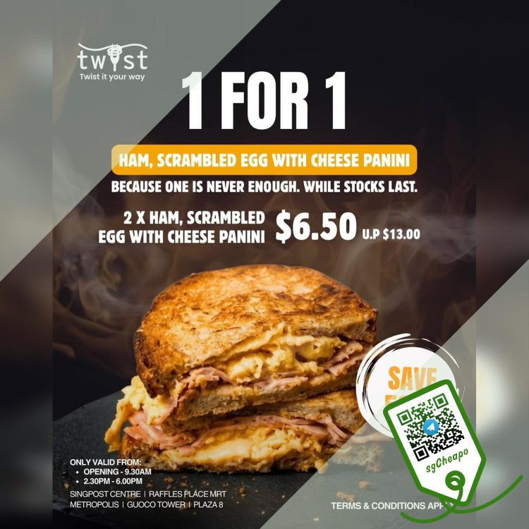 Twyst Pasta - 1-FOR-1 Ham, Scrambled Egg & Cheese Panini- sgCheapo